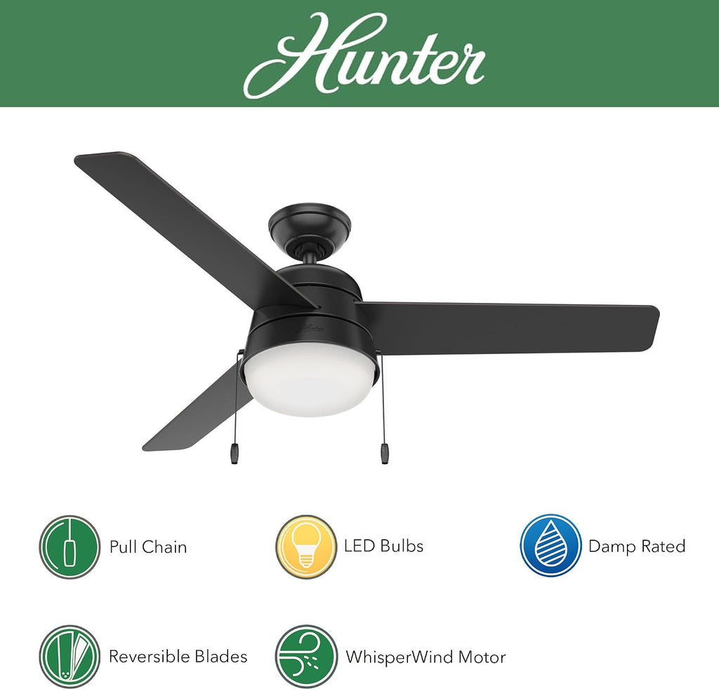 Hunter Fan 52 inch Ceiling Fan with Light, Outdoor or Indoor Black Ceiling Fan with Pull Chain for Porch, Living Room, Office, Kitchen, Garage, 3 Blades (Renewed)