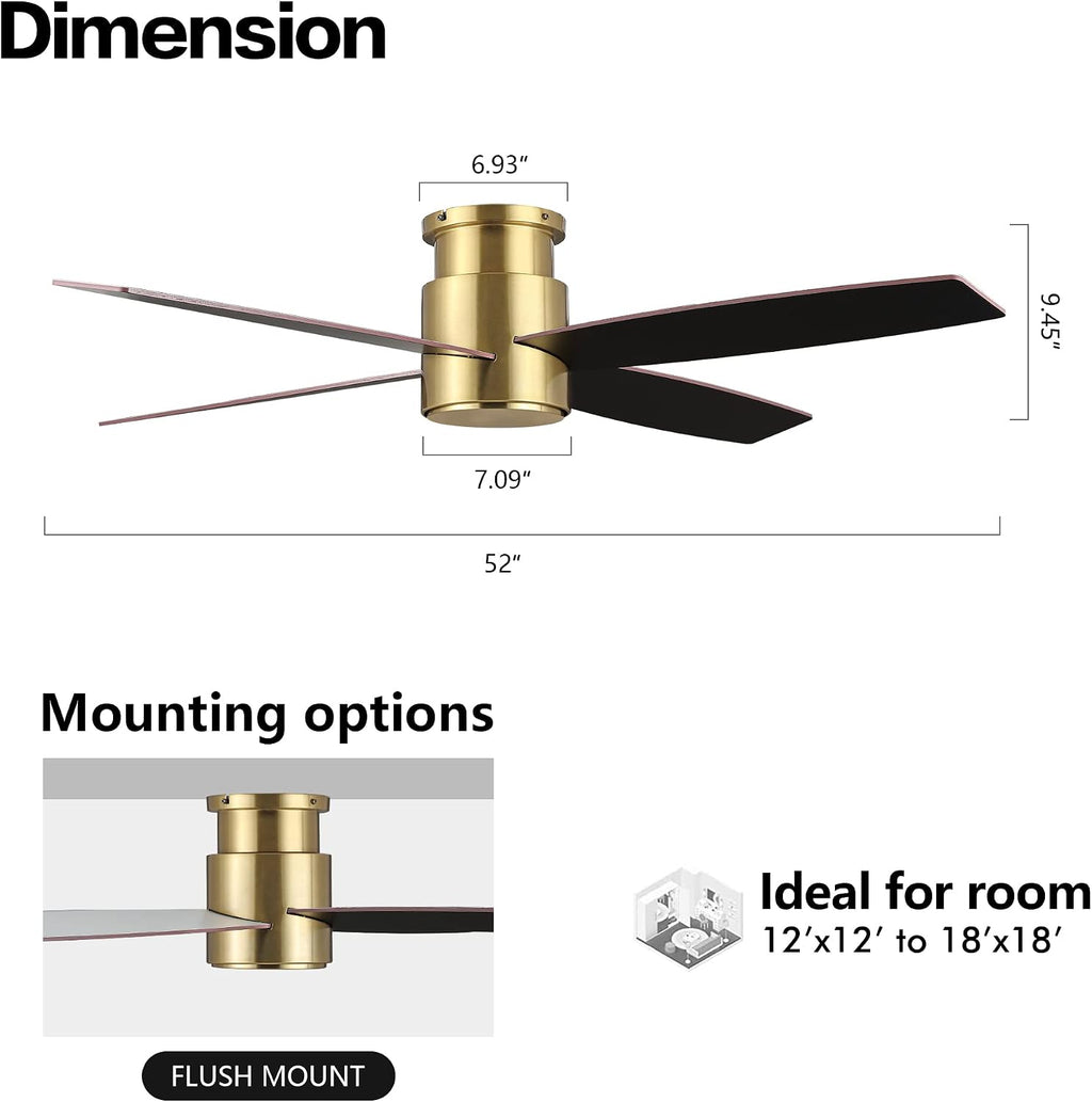 WINGBO 52' Flush Mount DC Ceiling Fan without Lights, 4 Reversible Blades, Ultra Quiet 6-Speed DC Motor, Hugger Low Profile Indoor Ceiling Fan No Lights, Brass Finish