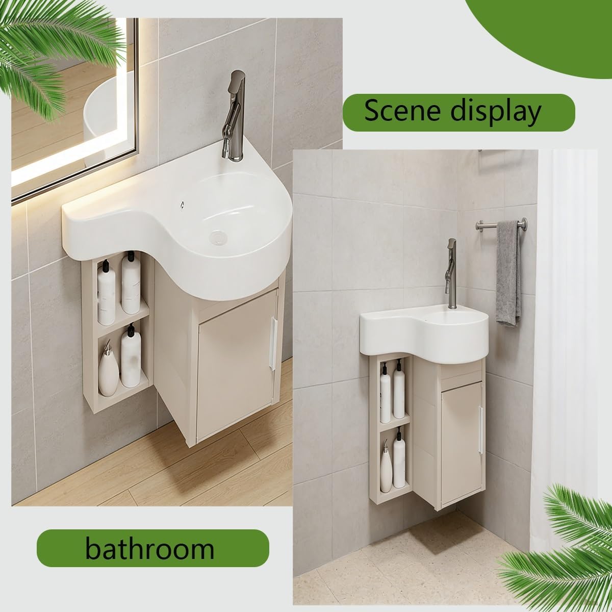 Modern Corner Bathroom Vanity with Sink Set， Bathroom Vanity Cabinet with Shelf Layer，Small Wall Mount Bathroom Vanity， for Guest Baths Master Suites
