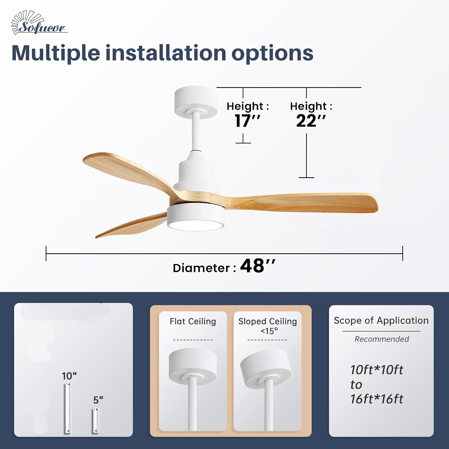 Sofucor 48 Inch Smart Ceiling Fan, Small Indoor/Outdoor Ceiling Fans with Lights and Remote, Work with Alexa/Google, Quiet DC Motor, 6 Speed, Solid Wood Ceiling Fans for Bedroom Living Room Patio
