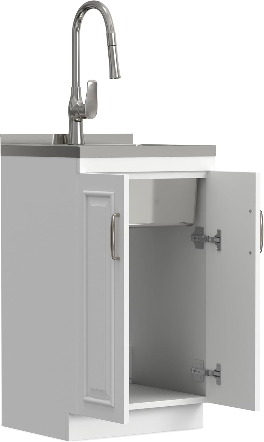 SIMPLIHOME Darwin All-in-One 20 inch Wide Utility Sink and Laundry Cabinet in Pure White Finish, Transitional Stainless Steel Sink Cabinet for Laundry Rooms with High-Arch Chrome Faucet and Storage