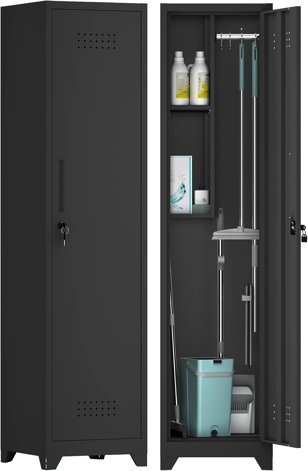 GREATMEET Broom Closet Storage Cabinet, Slim Metal Utility Cabinet, Tall Laundry Room Cabinet for Shop, Living Room, Office, Black