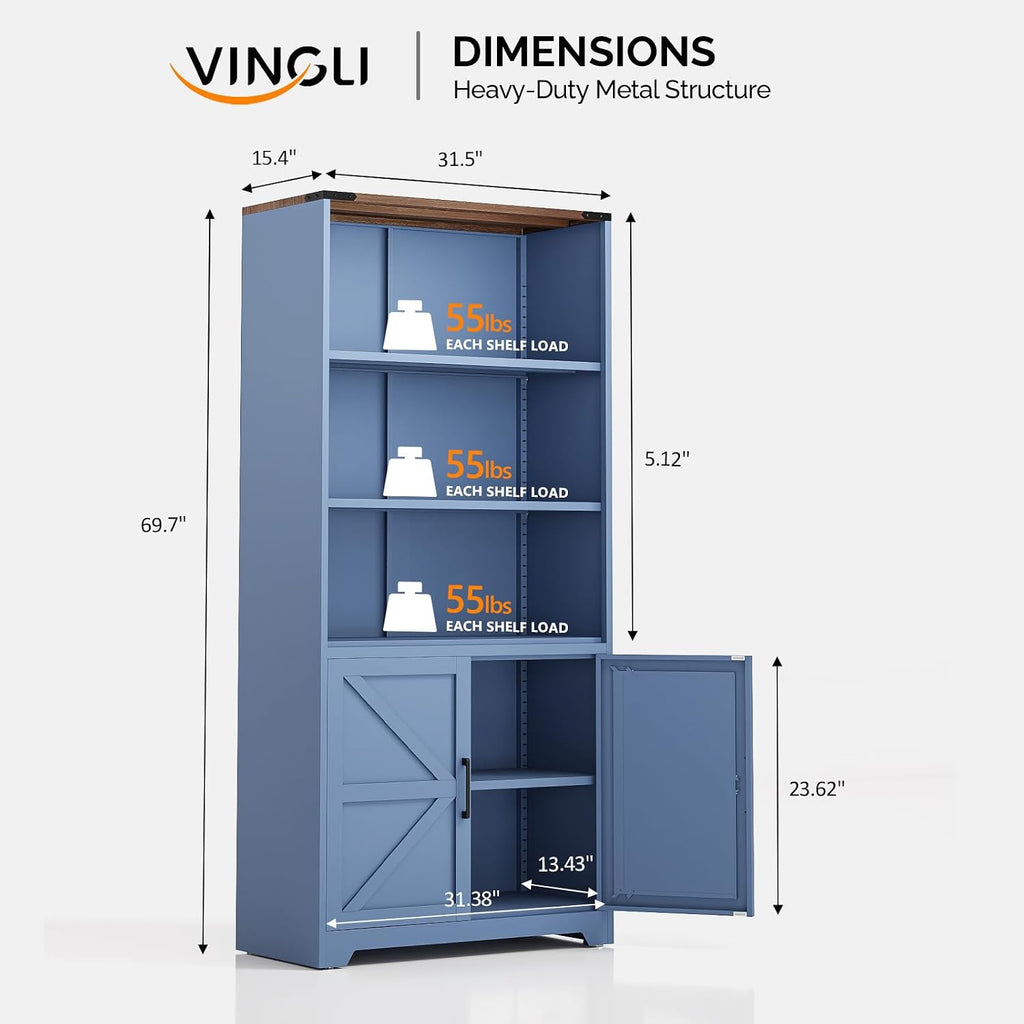 VINGLI Blue Bookcase with Doors and Adjustable Shelves, Steel 70' Tall Bookshelf Display Cabinet, 6-Tier Tall Farmhouse Metal Storage Cabinet for Study, Living Room, Home Office, Kitchen Pantry