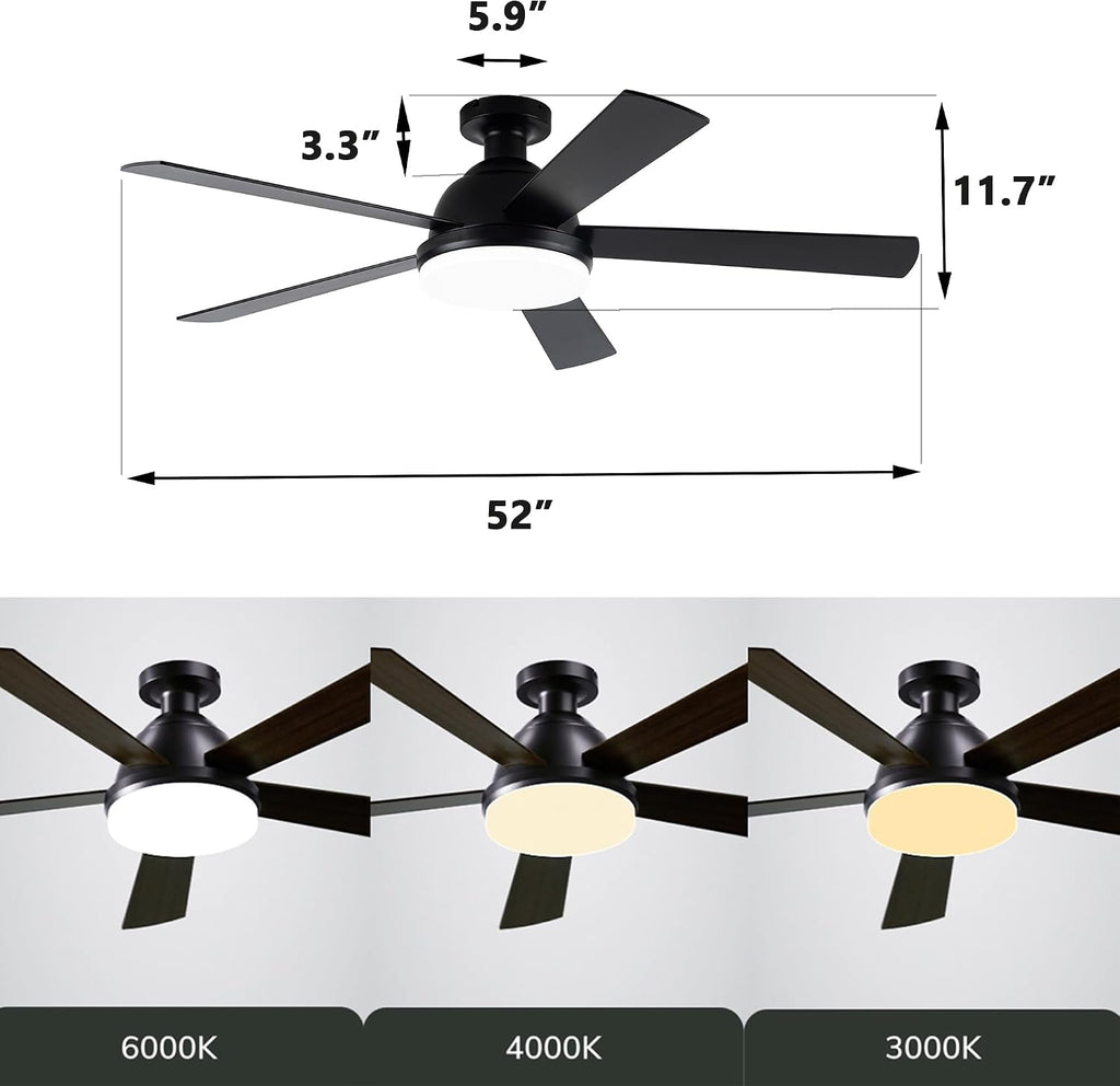 Black Ceiling Fans with Lights, 52 Inch Outdoor Ceiling Fans with Lights and Remote, Modern Indoor Bedroom Ceiling Fan Noiseless, Reversible Blades, DC Motor