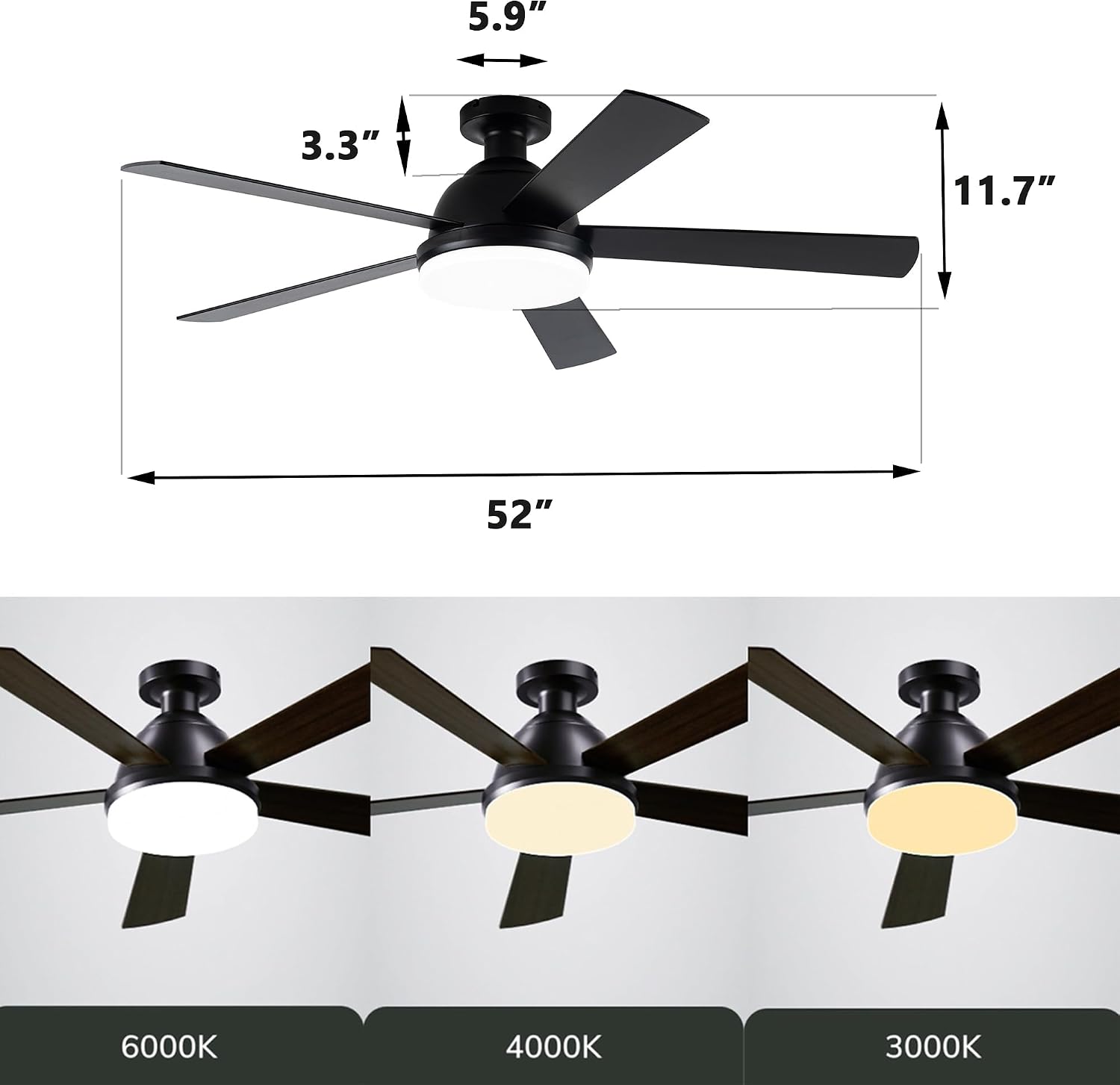 Black Ceiling Fans with Lights, 52 Inch Outdoor Ceiling Fans with Lights and Remote, Modern Indoor Bedroom Ceiling Fan Noiseless, Reversible Blades, DC Motor