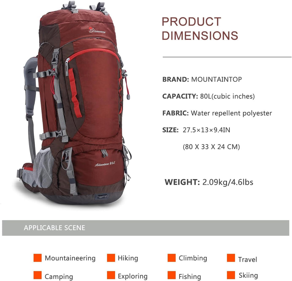 MOUNTAINTOP 80L Internal Frame Backpack for Man & Women Backpacking Hiking Backpack with Rain Cover