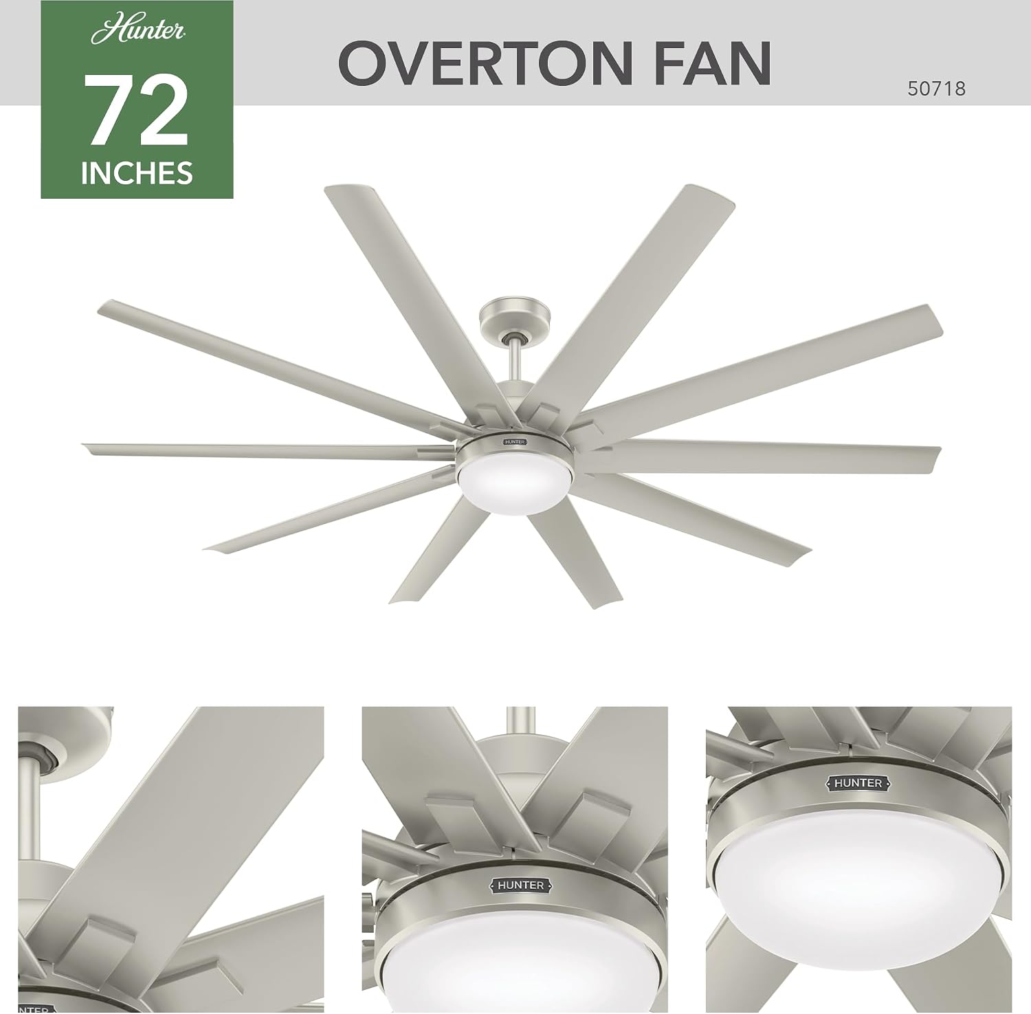 Hunter 72 inch Outdoor or Indoor Ceiling Fan with LED Light - Ceiling Fan with Wall Control, For Patio, Garage, or Porch, Quiet, Standard Mount, 10 Blades - Overton 50718, Matte Nickel