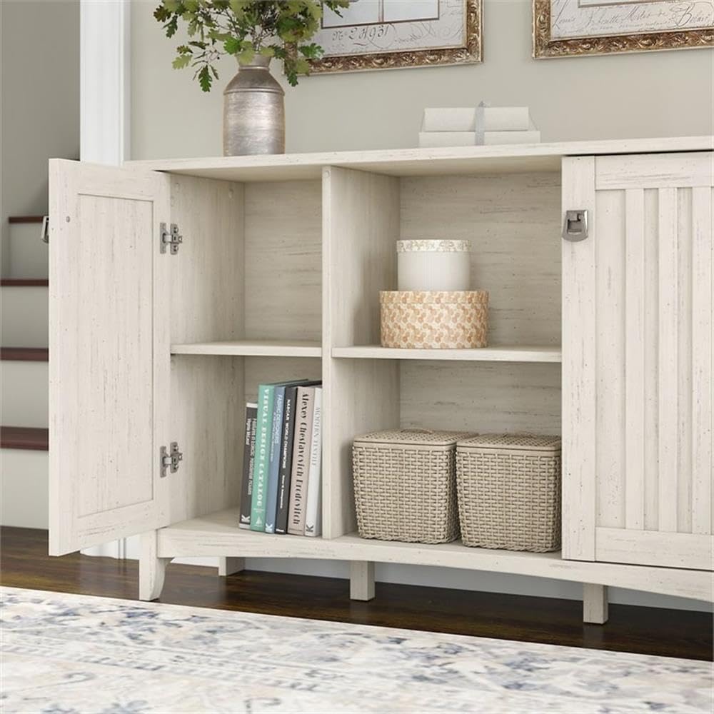 Pemberly Row Farmhouse Engineered Wood Storage Cabinet, Antique White Finish, 2 Doors, Adjustable Shelves, Tumbled Pewter Hardware, 46 in W x 13 in D x 30 in H, Living Room or Home Office Storage