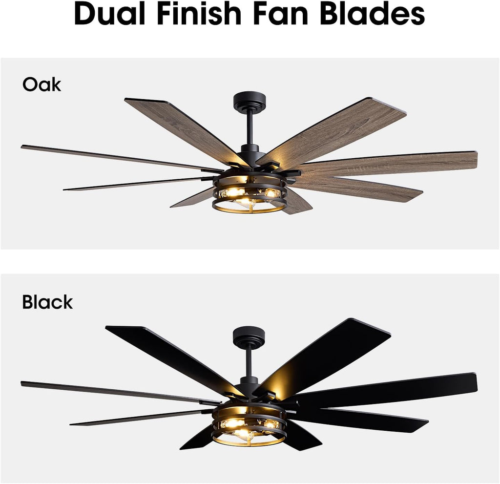 LuminFan 72 inch Large Ceiling Fans with Lights and Remote, Black Modern Ceiling Fan for Living Room, Patios, 6 Speed Reversible Quiet DC Motor, 8 Blades, Easy to Install