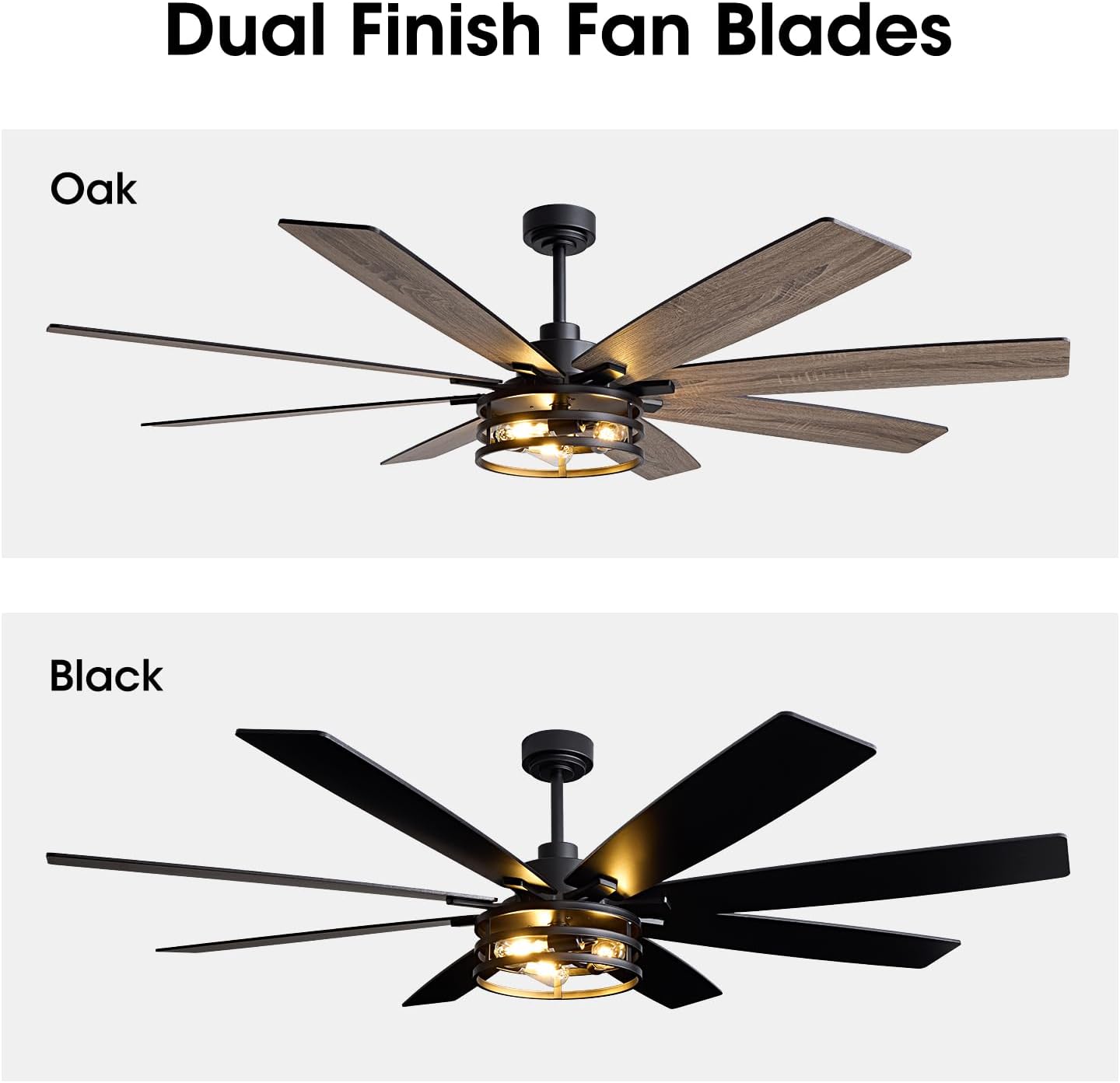 LuminFan 72 inch Large Ceiling Fans with Lights and Remote, Black Modern Ceiling Fan for Living Room, Patios, 6 Speed Reversible Quiet DC Motor, 8 Blades, Easy to Install
