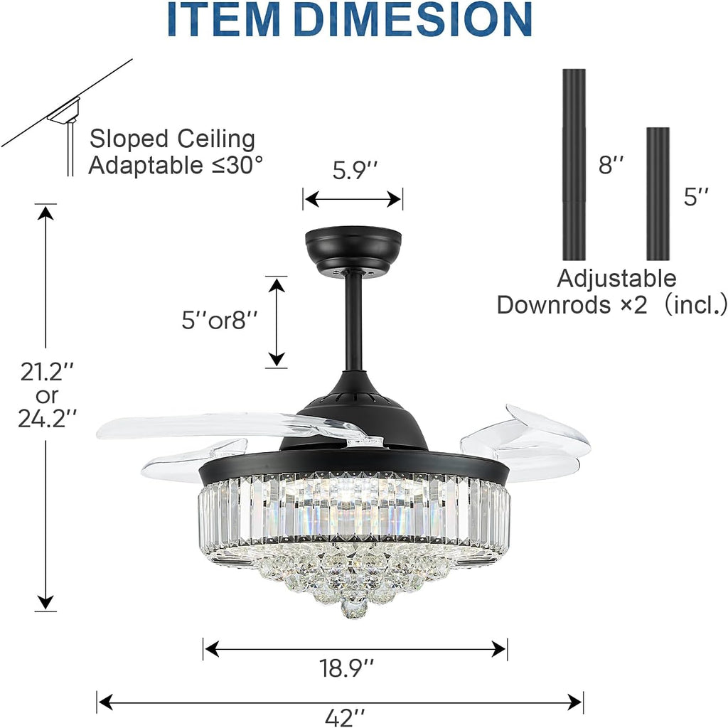FIDGRA 42'' Fandelier Ceiling Fan with Light, Retractable Chandelier Fan, 3 Color Temperature, 6 Wind Speed, Crystal Ceiling Fan for Bedroom Living Room Dining Room-Black