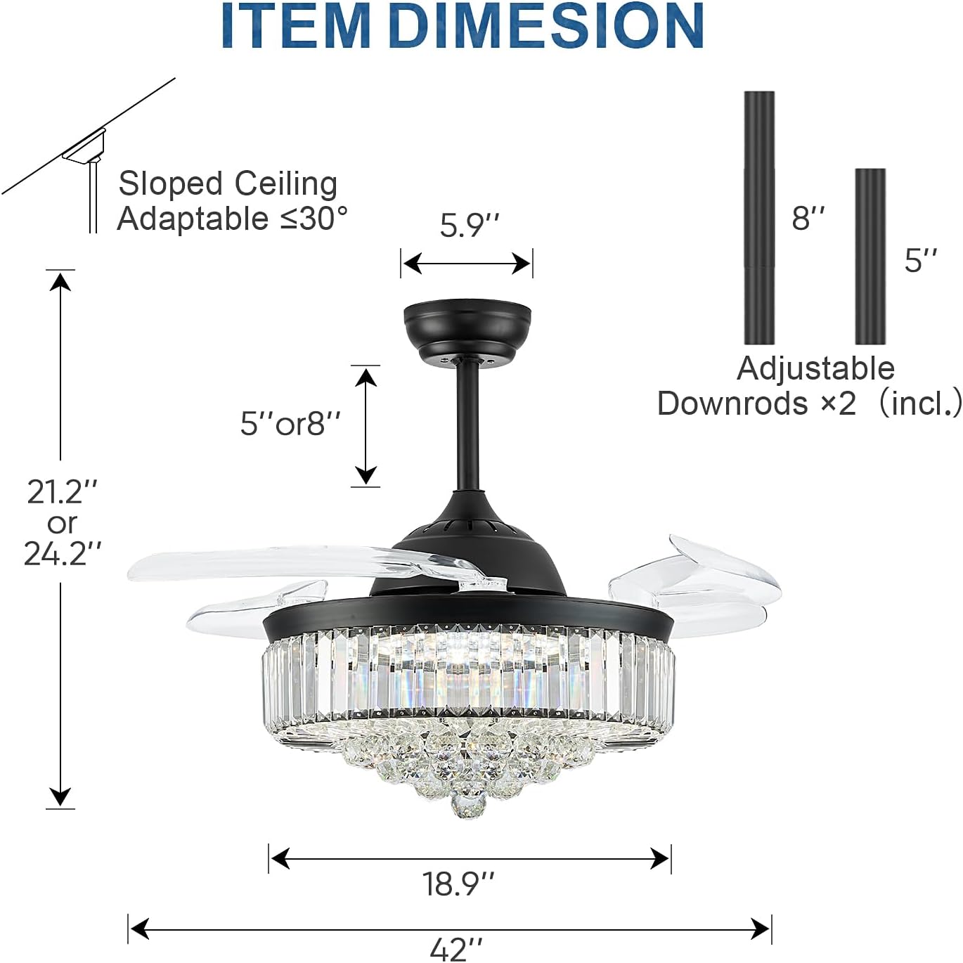 FIDGRA 42'' Fandelier Ceiling Fan with Light, Retractable Chandelier Fan, 3 Color Temperature, 6 Wind Speed, Crystal Ceiling Fan for Bedroom Living Room Dining Room-Black