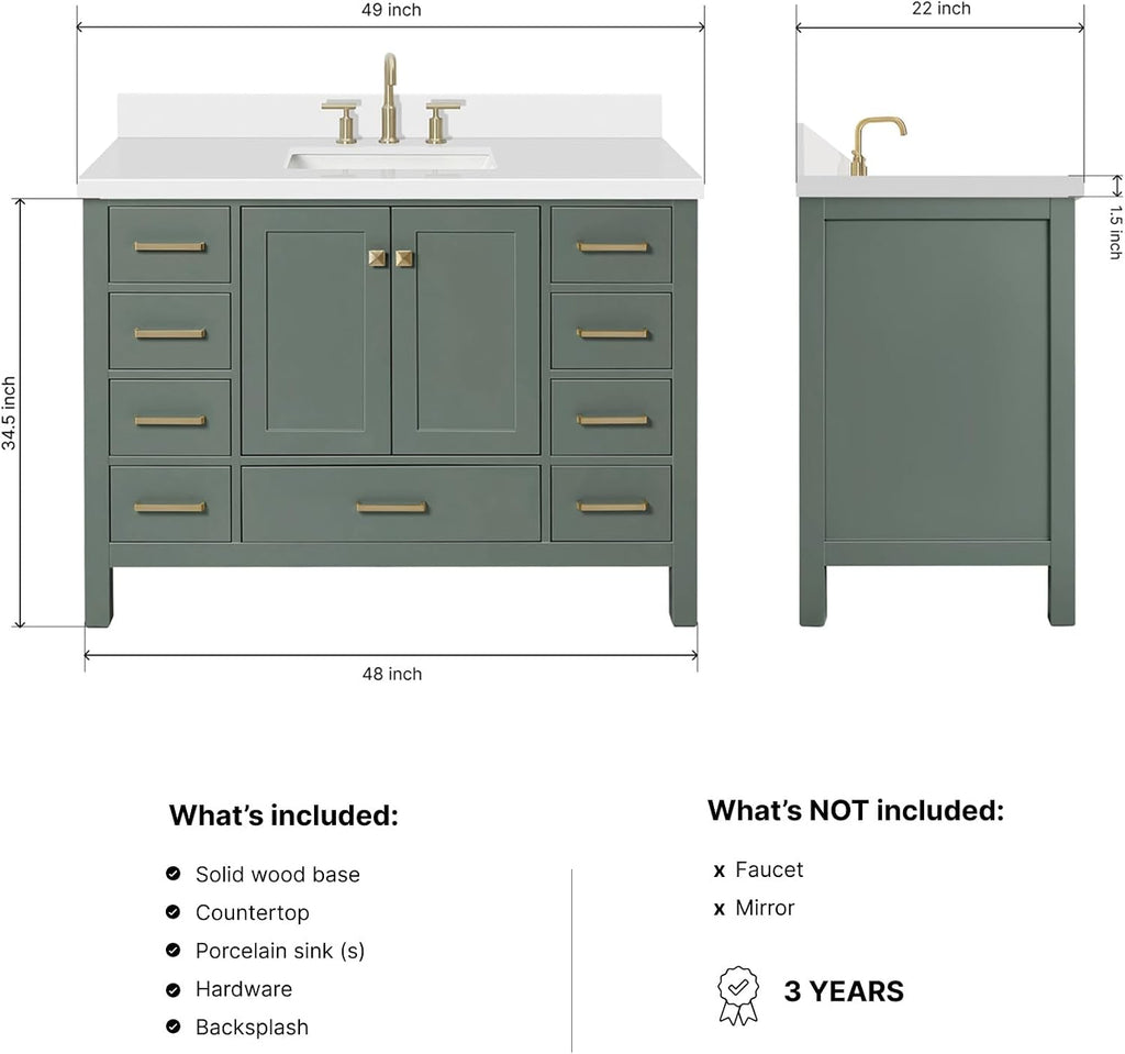 ARIEL Cambridge 48-inch Bathroom Vanity with Sink,Solid Wood, 1.5-inch Pure White Quartz Countertop, Single Rectangular Porcelain Sink, 2 Soft Closing Doors, 9 Dovetail Drawers, Vintage Green