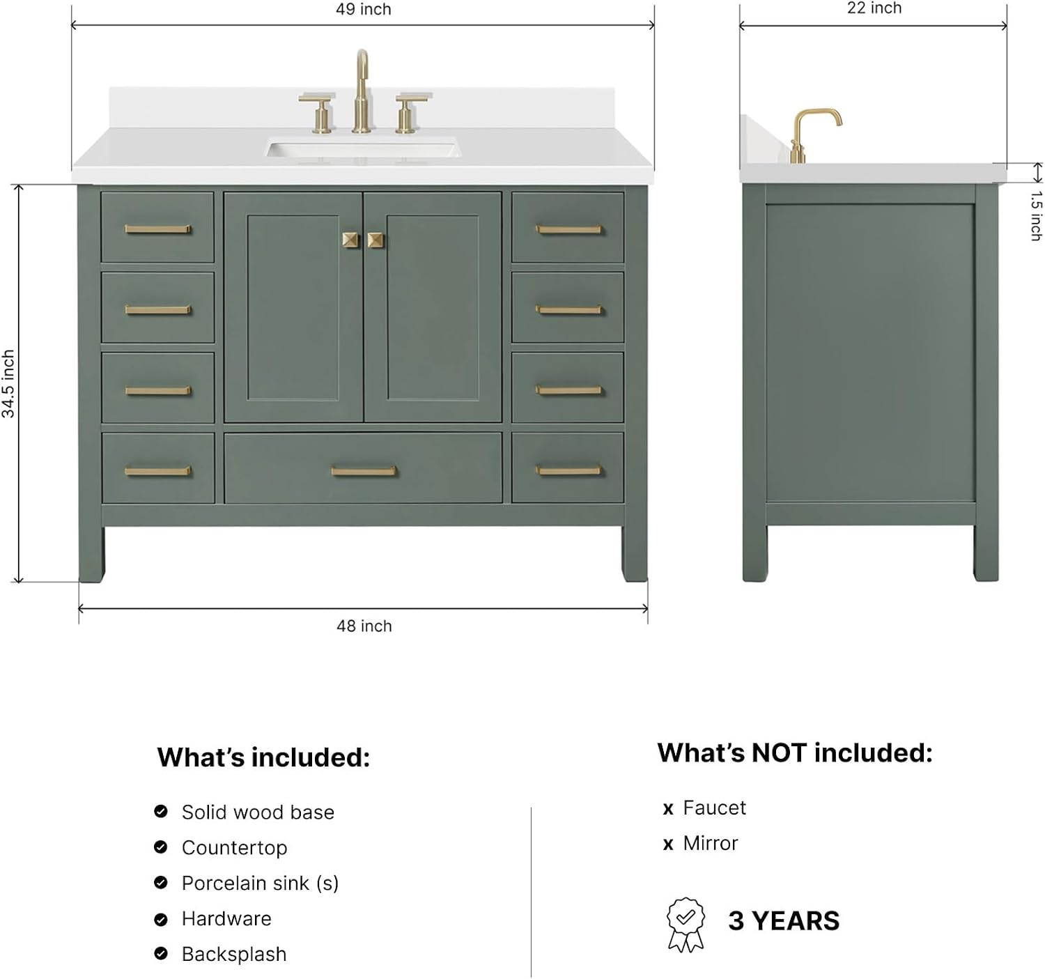 ARIEL Cambridge 48-inch Bathroom Vanity with Sink,Solid Wood, 1.5-inch Pure White Quartz Countertop, Single Rectangular Porcelain Sink, 2 Soft Closing Doors, 9 Dovetail Drawers, Vintage Green