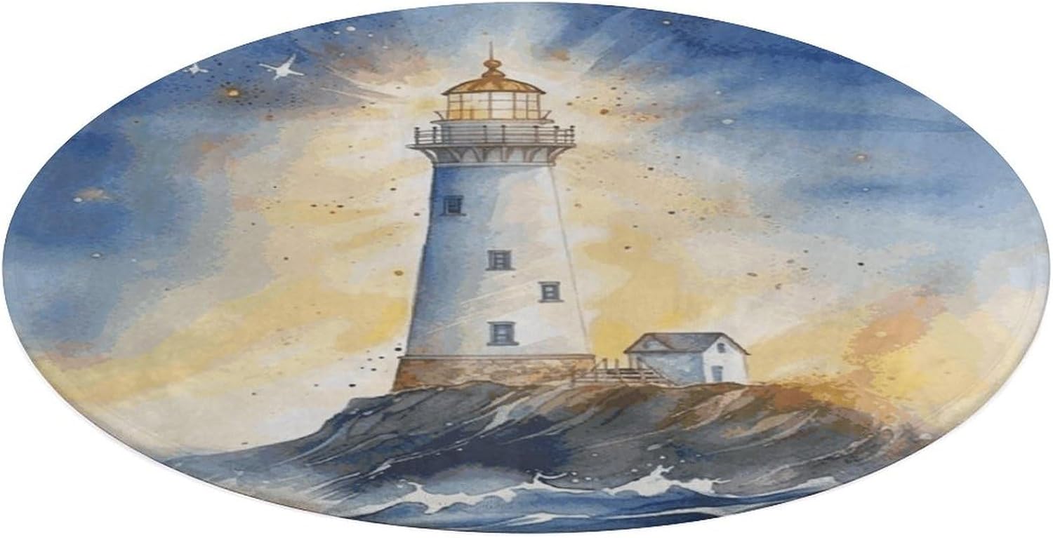 Watercolor Lighthouse Fantasy Light Coral Velvet Round Floor Mat Non-Slip Bath Rug Floor Covering for Bathroom Vanity Guest Suite & Vacation Home