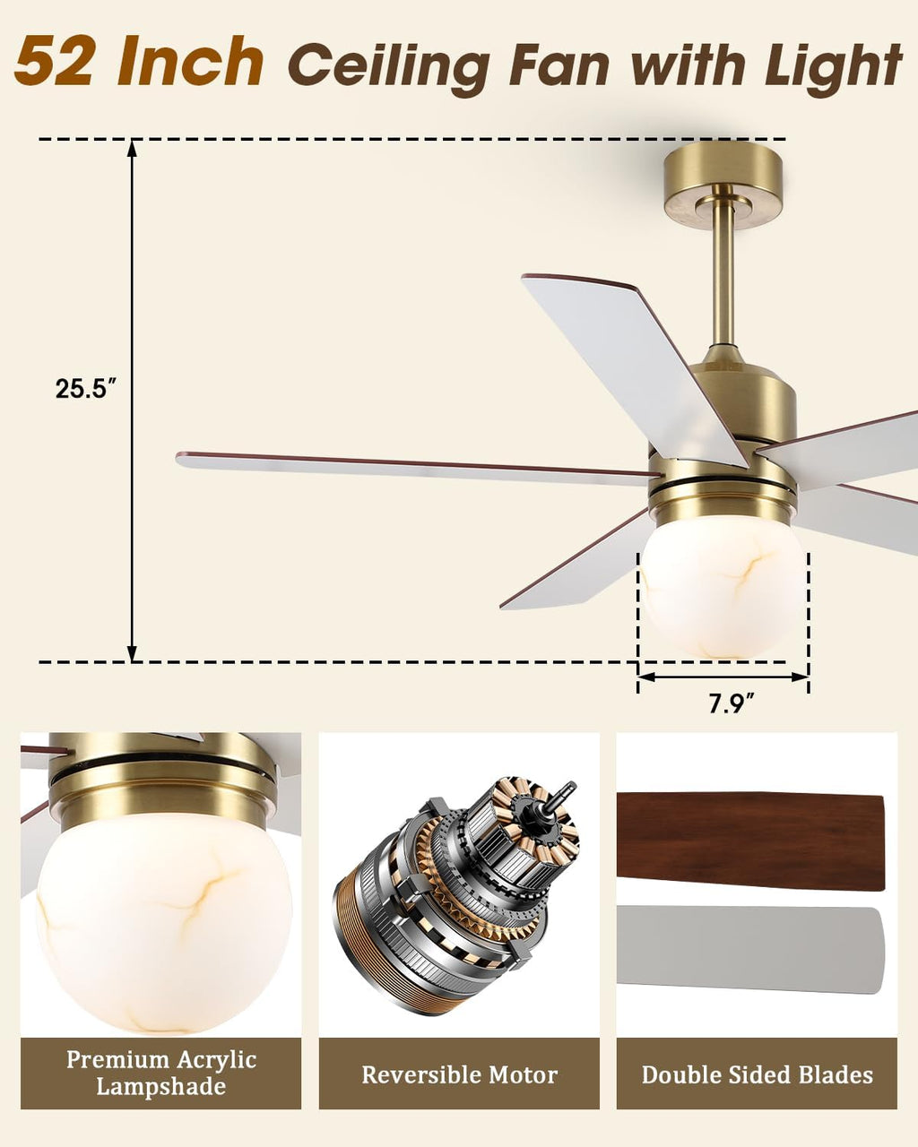Parrot Uncle 52 Inch Ceiling Fan with Light and Remote, Modern Gold Ceiling Fan for Bedroom Living Room Kitchen, 6 Speeds, 3 CCT LED Light,Timing and Memory Function, 5 Blades