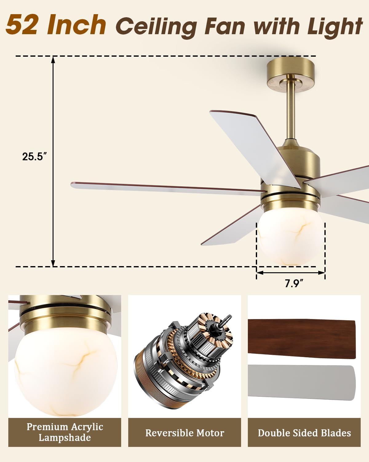 Parrot Uncle 52 Inch Ceiling Fan with Light and Remote, Modern Gold Ceiling Fan for Bedroom Living Room Kitchen, 6 Speeds, 3 CCT LED Light,Timing and Memory Function, 5 Blades