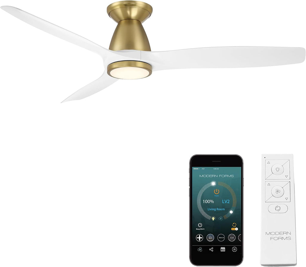 Skylark Indoor and Outdoor 3-Blade 54in Smart Flush Mount Ceiling Fan in Soft Brass Matte White Adjustable CCT 2700K-3000K-4000K-5000K LED Light Kit Remote Control works with Alexa, iOS or Android App