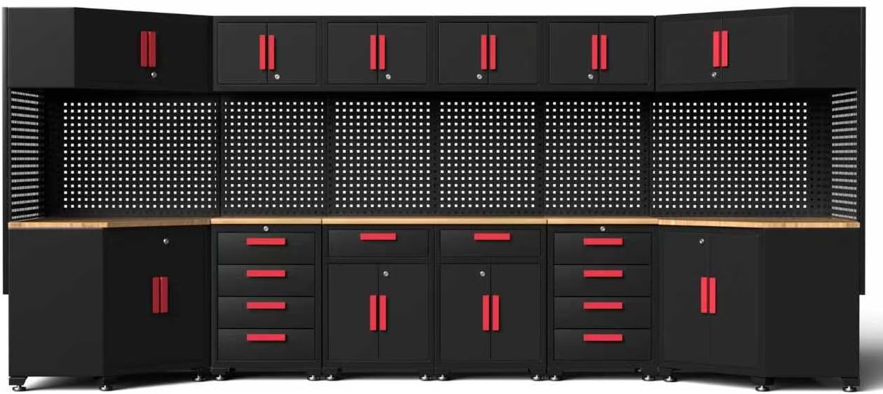Garage Storage Cabinet System,2Pack Garage Cabinets and Storage System Included Steel Drawers Rolling Chest,Locked Storage Cabinet, Perfect for Organizing Garage and Tools, Red Handle