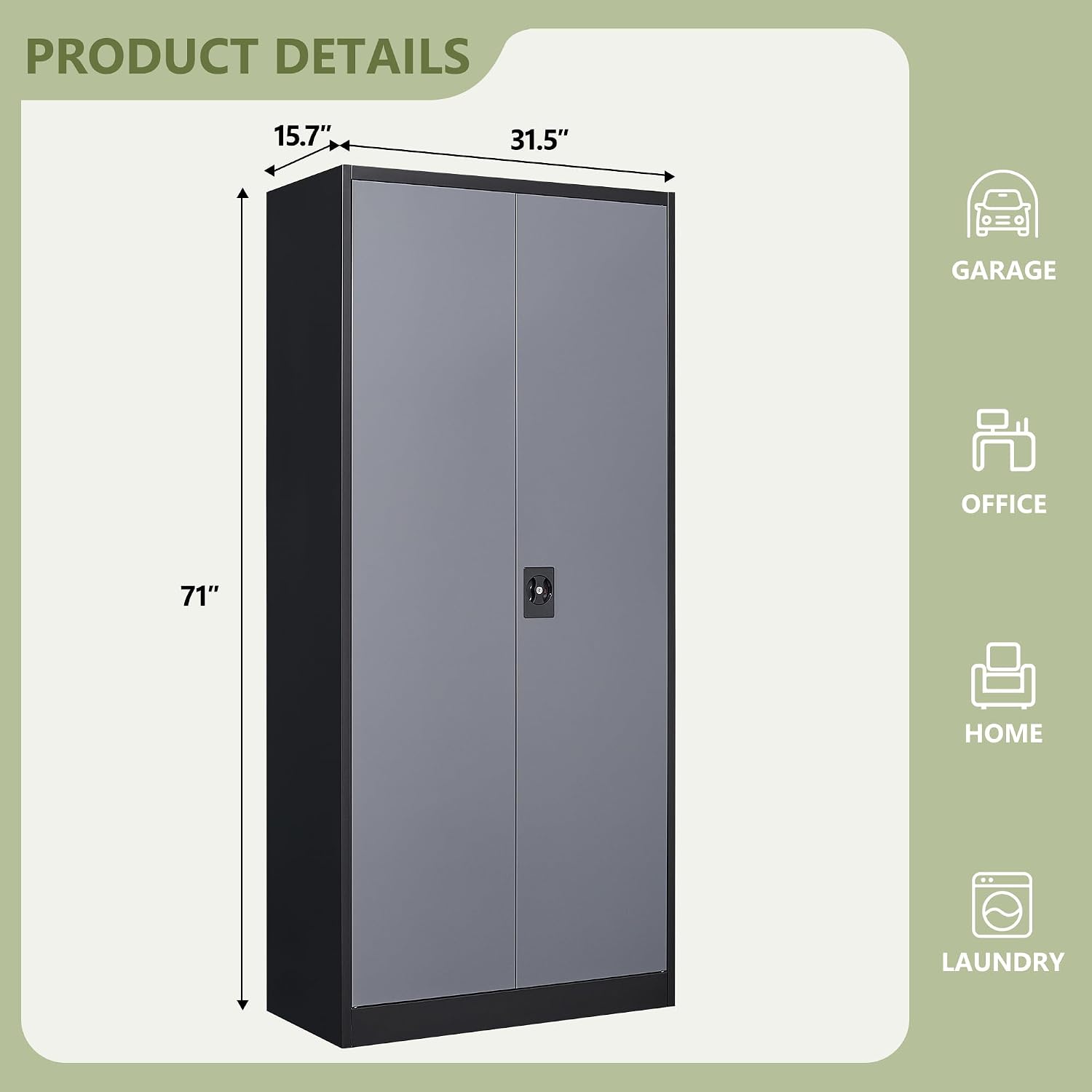 RAVIGIN Metal Garage Storage Cabinet with Lock, 71' Locking Tool Cabinet with 2 Doors and 5 Adjustable Shelves, Tall Steel Cabinet Garage for Home,Office,Warehouse，School (Black Grey)