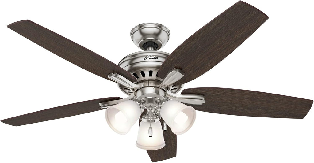 Hunter 52 inch Indoor Ceiling Fan with LED Lights - Ceiling Fan with Pull Chain, For Bedroom or Living Room, Standard Mount, No Remote, 5 Blades, Includes Bulbs - Newsome 53318, Brushed Nickel