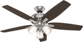 Hunter 52 inch Indoor Ceiling Fan with LED Lights - Ceiling Fan with Pull Chain, For Bedroom or Living Room, Standard Mount, No Remote, 5 Blades, Includes Bulbs - Newsome 53318, Brushed Nickel