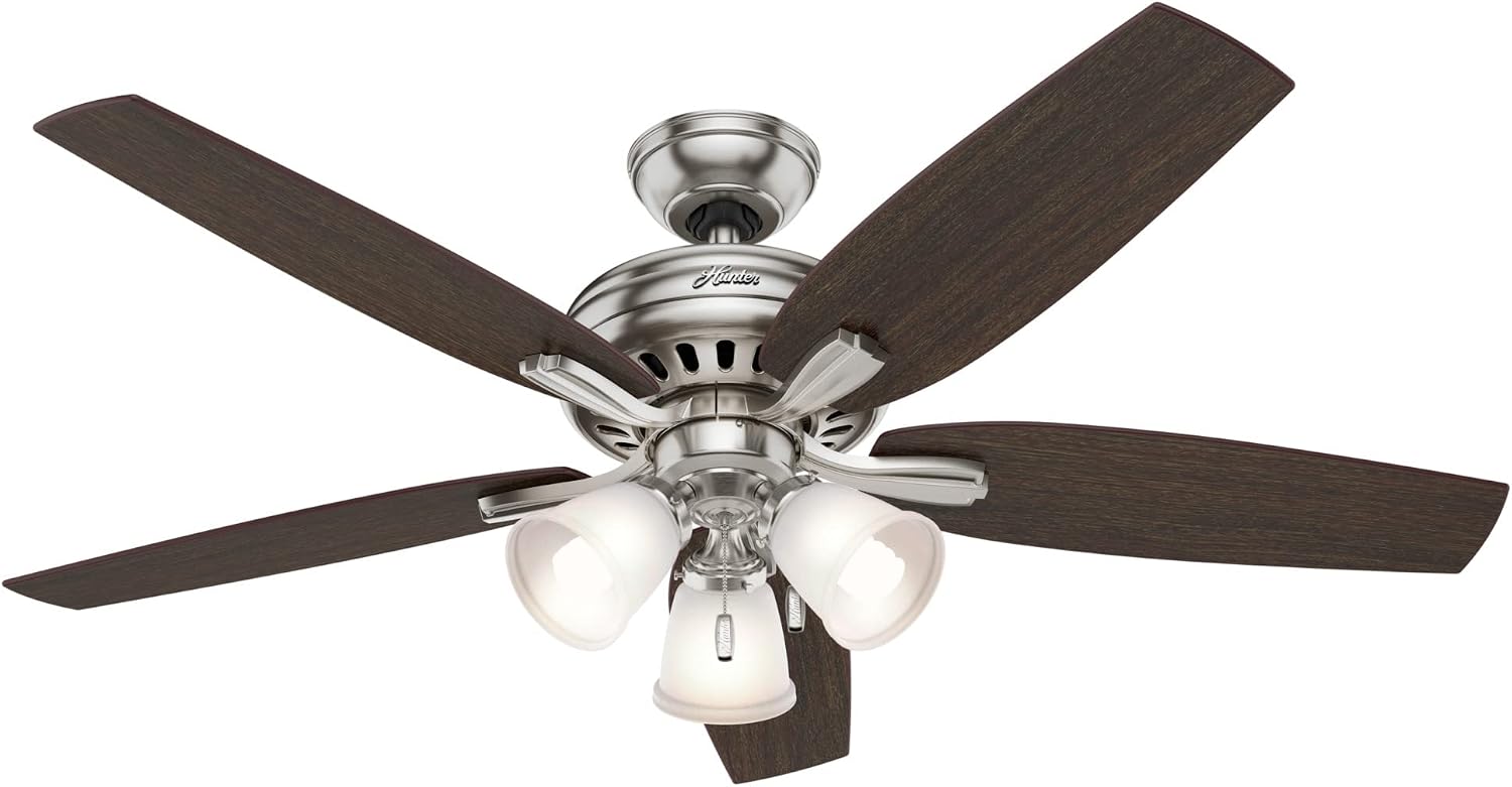 Hunter 52 inch Indoor Ceiling Fan with LED Lights - Ceiling Fan with Pull Chain, For Bedroom or Living Room, Standard Mount, No Remote, 5 Blades, Includes Bulbs - Newsome 53318, Brushed Nickel