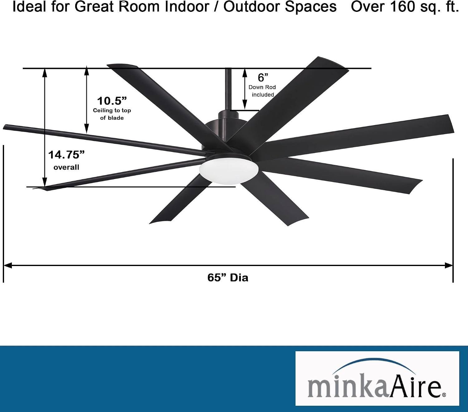 MINKA-AIRE F888L-CL Slipstream 65 Inch Outdoor Ceiling Fan with Dimmable LED Light and DC Motor, Coal