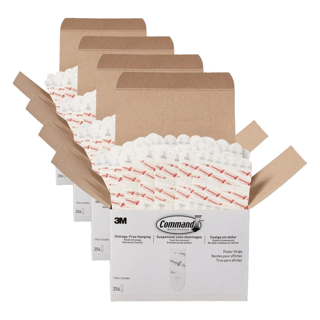 Command Poster Strips, 256 Strips Damage-Free Poster Hangers, No Tools Requried, Great for Home, Room, Wall, Office, and Dorm Decor, White Adhesive (Pack of 4)
