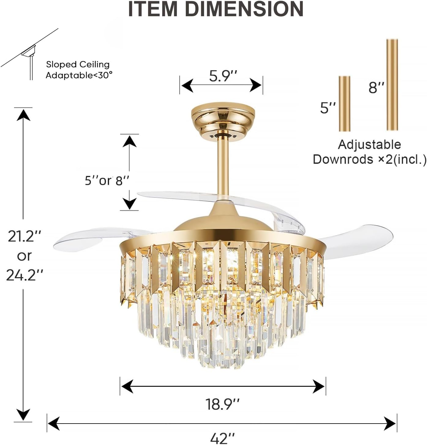 TXCSLY 42' Fandelier Ceiling Fan with Light, Crystal Chandelier Fan with Retractable Blades Dimmable Crystal Ceiling Fan Chandelier for Bedroom Living Room Dining Room-Gold