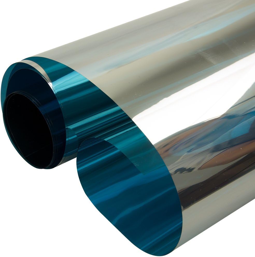 HOHOFILM 60' x 33ft Roll Blue Silver Window Film Daytime Privacy One Way Vision Sun Blocking Mirror Heat Reduction Reflection Adhesive for Glass