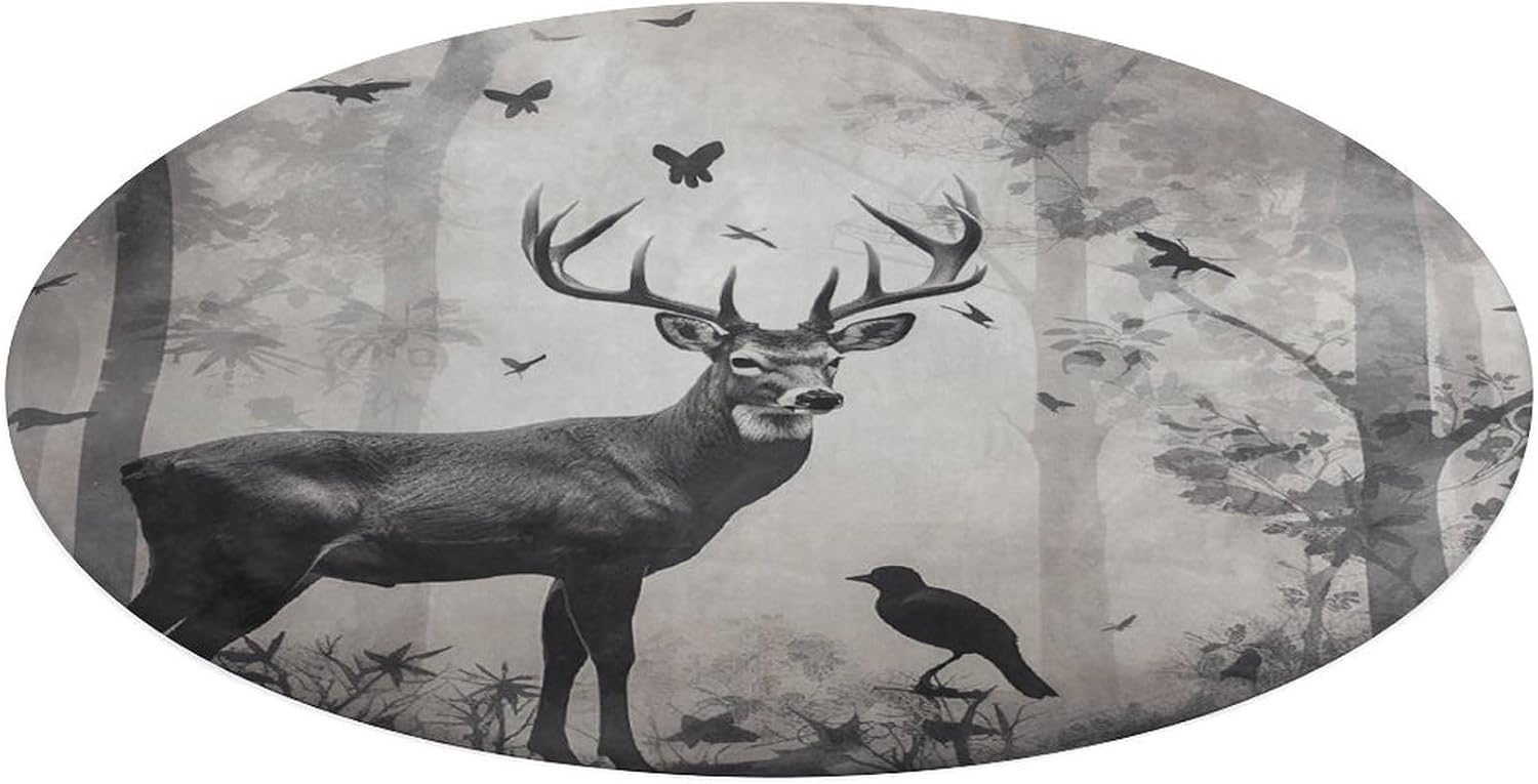 Hunting Silhouette of Deer Coral Velvet Round Floor Mat Non-Slip Bath Rug Floor Covering for Bathroom Vanity Guest Suite & Vacation Home
