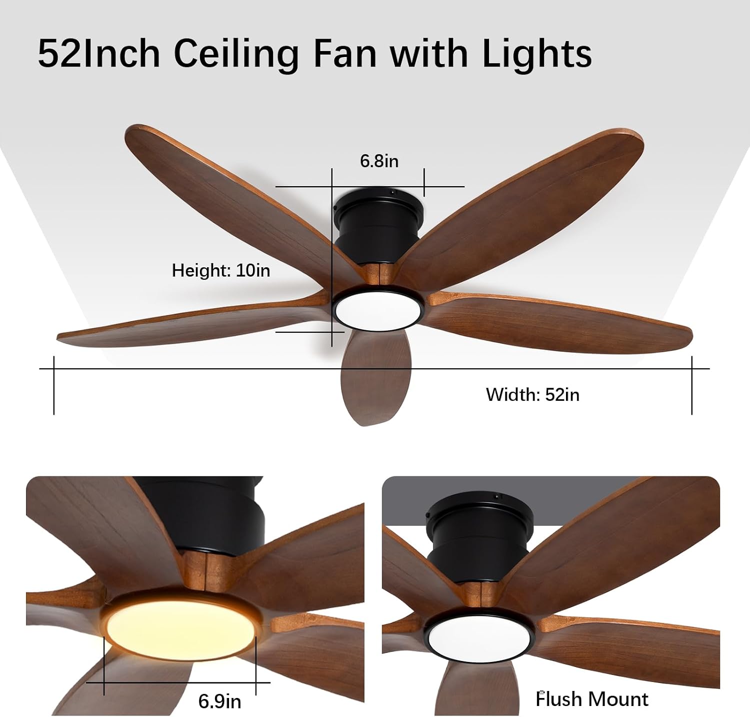 Ceiling Fan with Lights, 52Inch Flush Mount Ceiling Fan with Remote Control, 5 Wood Blades, DC Motor,3CCT,Walnut Wooden Ceiling Fans for Bedroom, Living Room, Home Office,Indoor