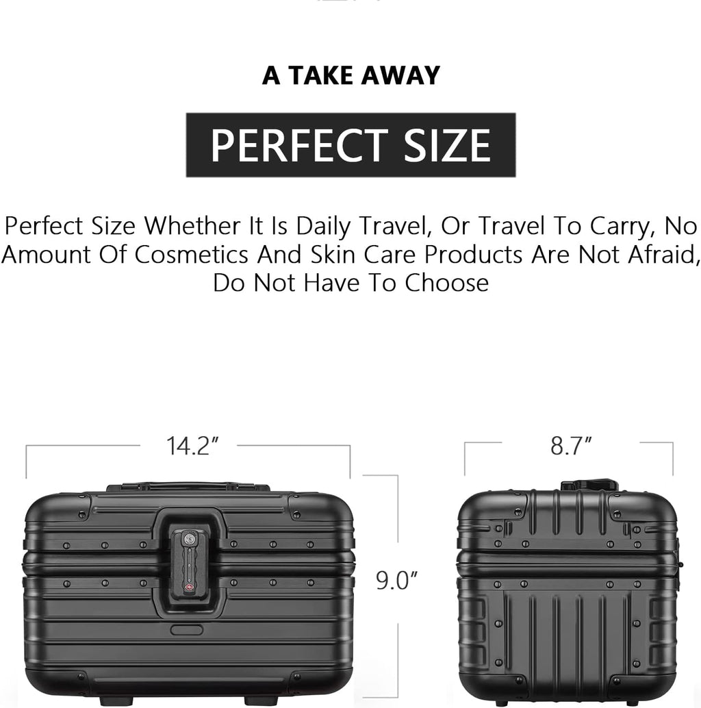 YUEMAI Hard Shell Cosmetic Case, Mini Aluminium Alloy Carrying Makeup Case Suitcase, Small Travel Hand Luggage With Elastic Band, For Make-Up Artist(Black)