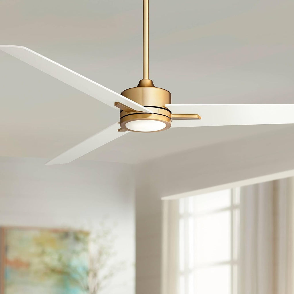 Casa Vieja 60' Monte Largo Modern Mid Century Indoor Ceiling Fan 3 Blade LED Light Remote Control Soft Brass Finish White Blades Bedroom Living Room Kitchen Dining Office Decorative DC Motor Bright