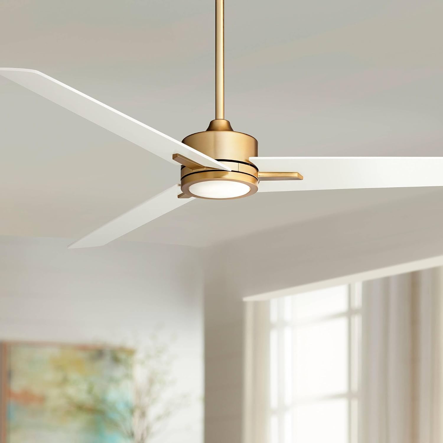 Casa Vieja 60' Monte Largo Modern Mid Century Indoor Ceiling Fan 3 Blade LED Light Remote Control Soft Brass Finish White Blades Bedroom Living Room Kitchen Dining Office Decorative DC Motor Bright
