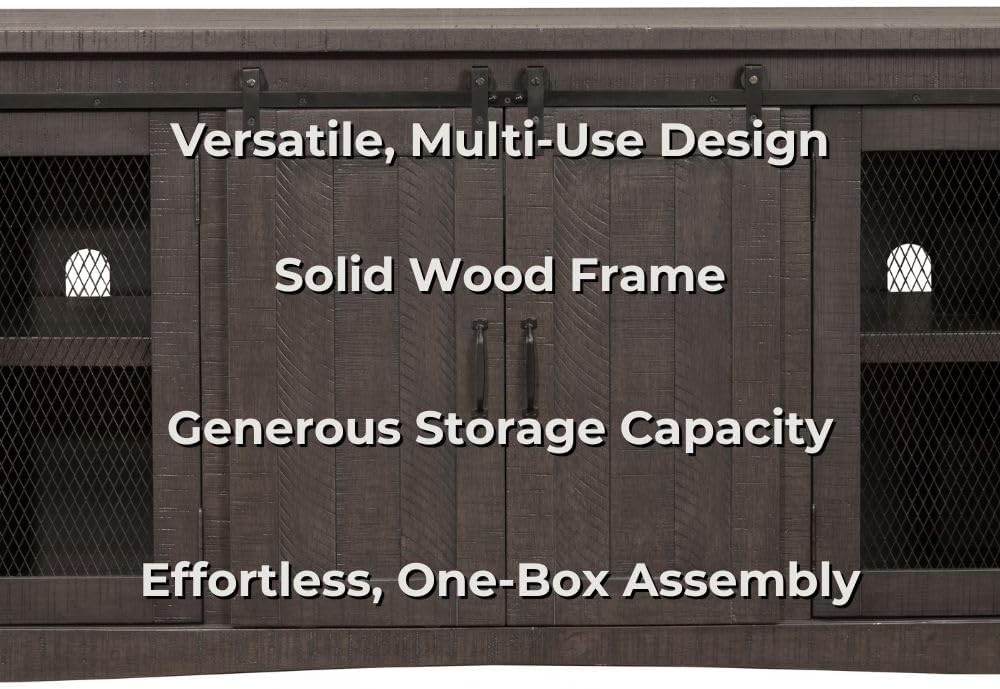 Martin Svensson Home 65' Solid Pine Wood Entertainment Center with Storage. Rustic TV Stand for TVs up to 70.' Sliding Doors, Adjustable Shelves & Cable Management – Gray Finish