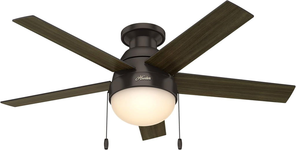 Hunter 46 inch Indoor Ceiling Fan with LED Light - Bronze Ceiling Fan with Pull Chain, For Bedroom, Living Room, or Kitchen, Low Profile Mount, No Remote, 5 Blades - Anslee 59268, Premier Bronze