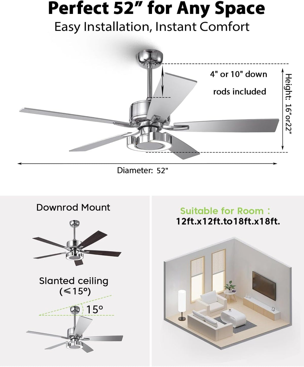 52 Inch Silver Ceiling Fans with Lights, Creative Modern Ceiling Fan and Remote for Bedroom Living Room with 3CCT, 6 Speeds, Quiet, Dual-Sided Reversible 5 Blades Indoor Outdoor Chandelier Fan