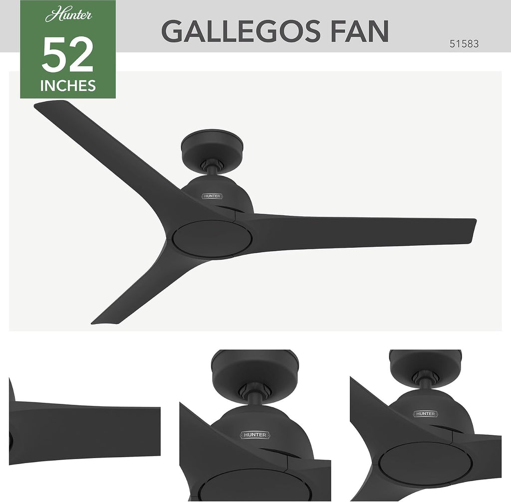 Hunter 52 inch Outdoor or Indoor Ceiling Fan No Light - Black Ceiling Fan without Light, For Patio, Porch, Garage, or Living Room, Standard Mount, 3 Blades, Wall Control - Gallegos 51583, Matte Black