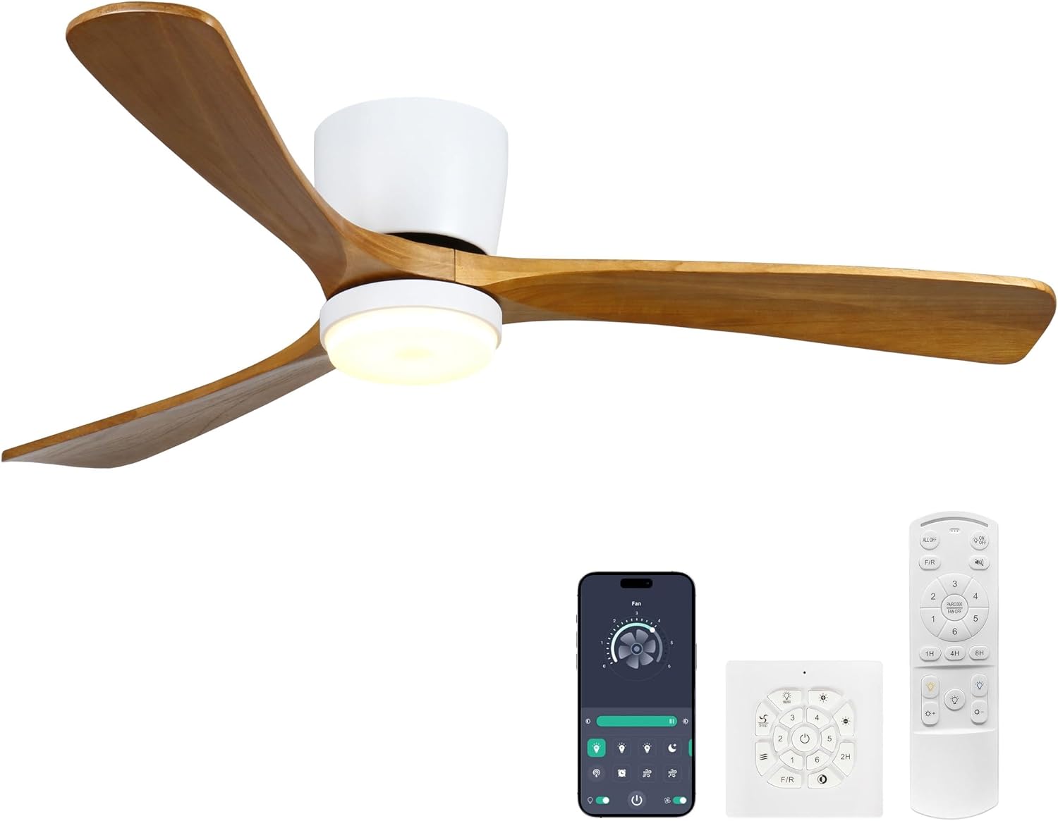 Ceiling Fans with Lights and Remote Control, 52 Inch Solid Wood Blade, Low Profile Flush Mount, LED Dimmable DC Reversible Modern Ceiling Fans with APP Control for Bedrooms, Living Rooms, Patio, White