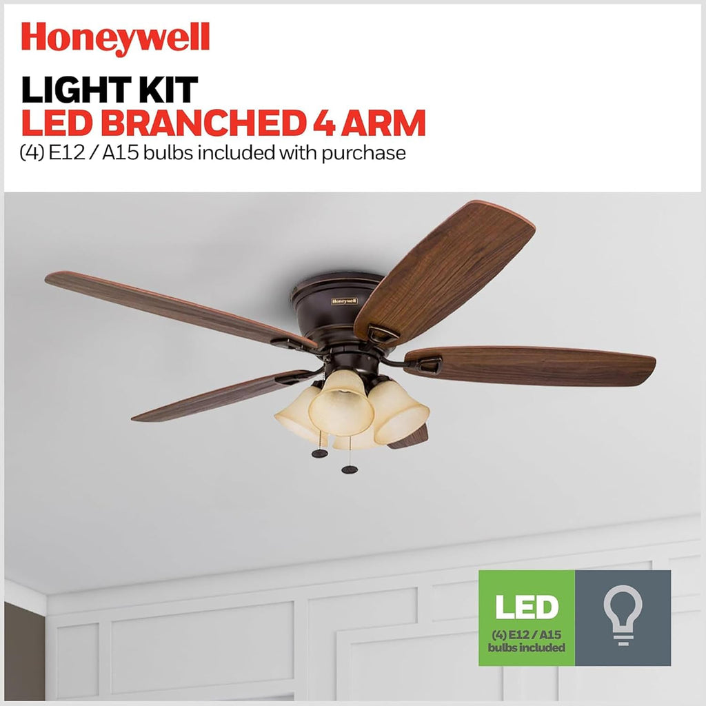 Honeywell Glen Alden 52' Ceiling Fan with Arm Light Kit, Pull Chain, Bronze