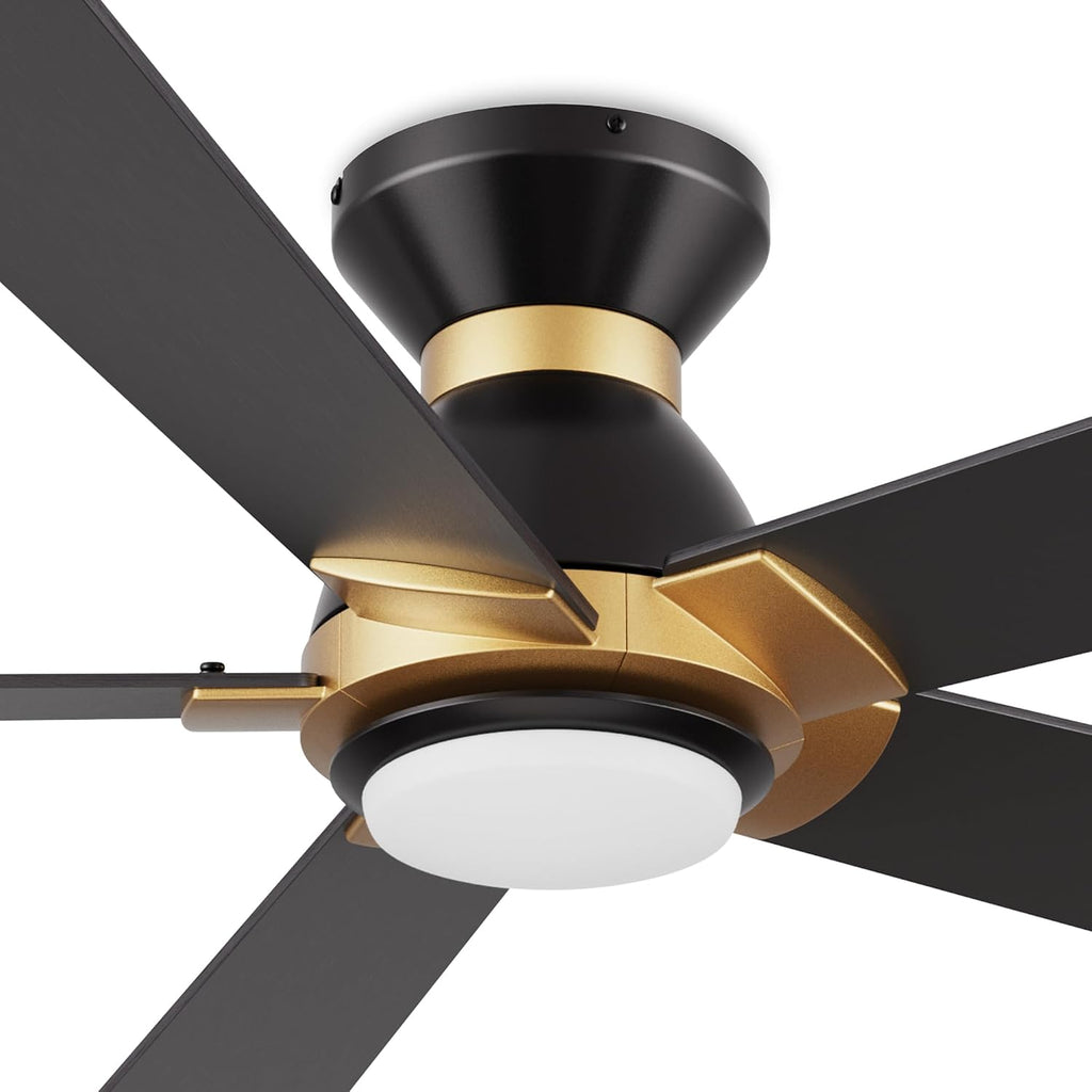 SMAFAN Smart 52' Ceiling Fans with Lights Flush Mount, 3 Light Colors Dimmable, 10 Speeds DC Ceiling Fan with Remote, Outdoor Ceiling Fan Compatible with Alexa, Siri & Google Home, Black Gold