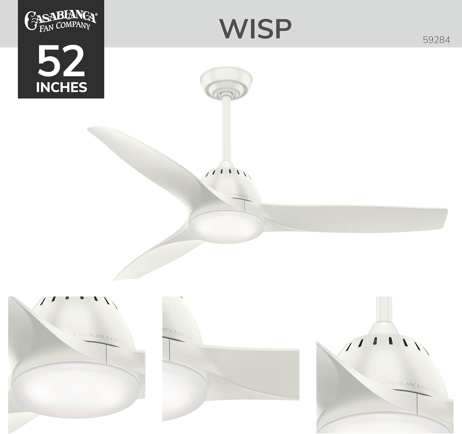Casablanca 52 inch Indoor Ceiling Fan with LED Light and Remote Control - Standard Mount White Ceiling Fan, 3 Blades, For Bedroom, Living Room, or Kitchen, Quiet - Wisp 59284, Fresh White