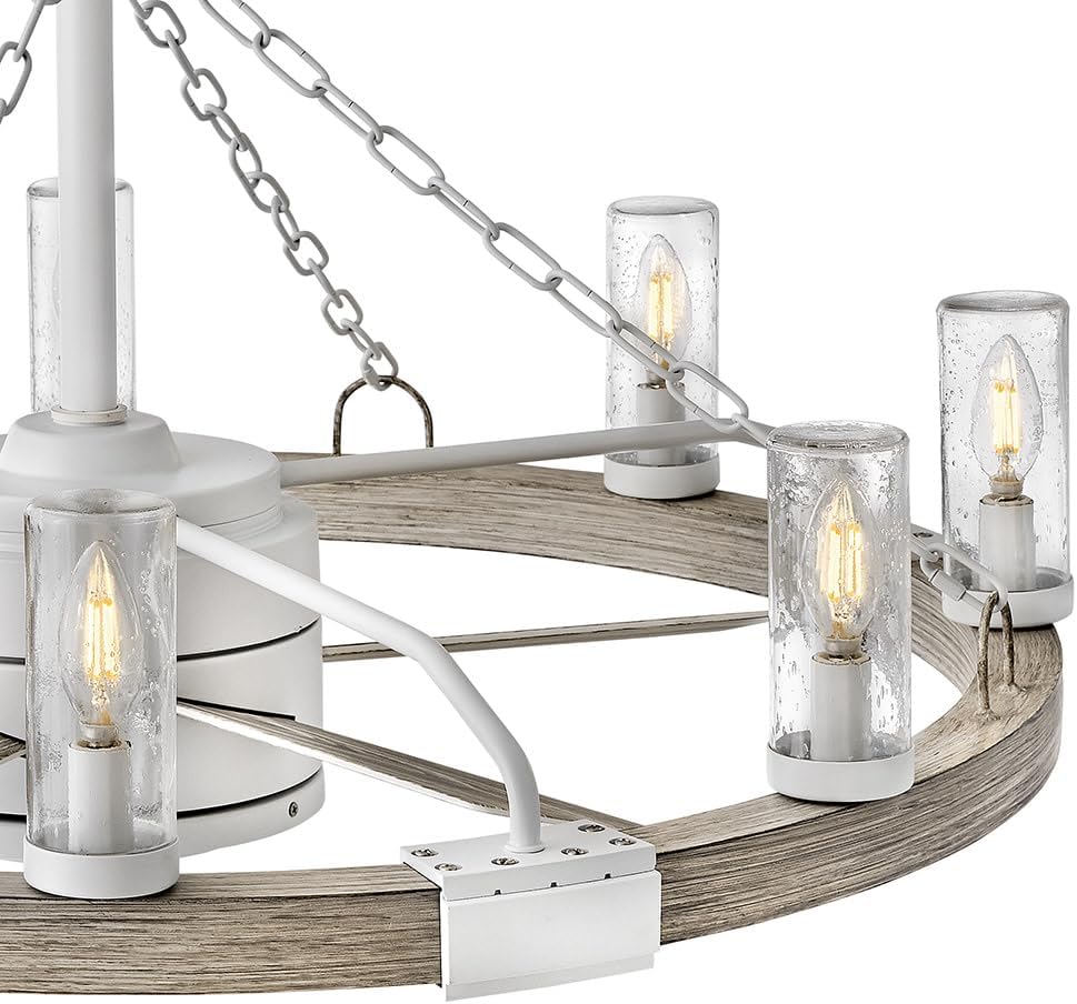 Hinkley Sawyer 36' LED Indoor/Outdoor Smart Fandelier, Rustic Western style, Multiple Down Rods, 16' blade sweep, Matte White and Weathered Wood