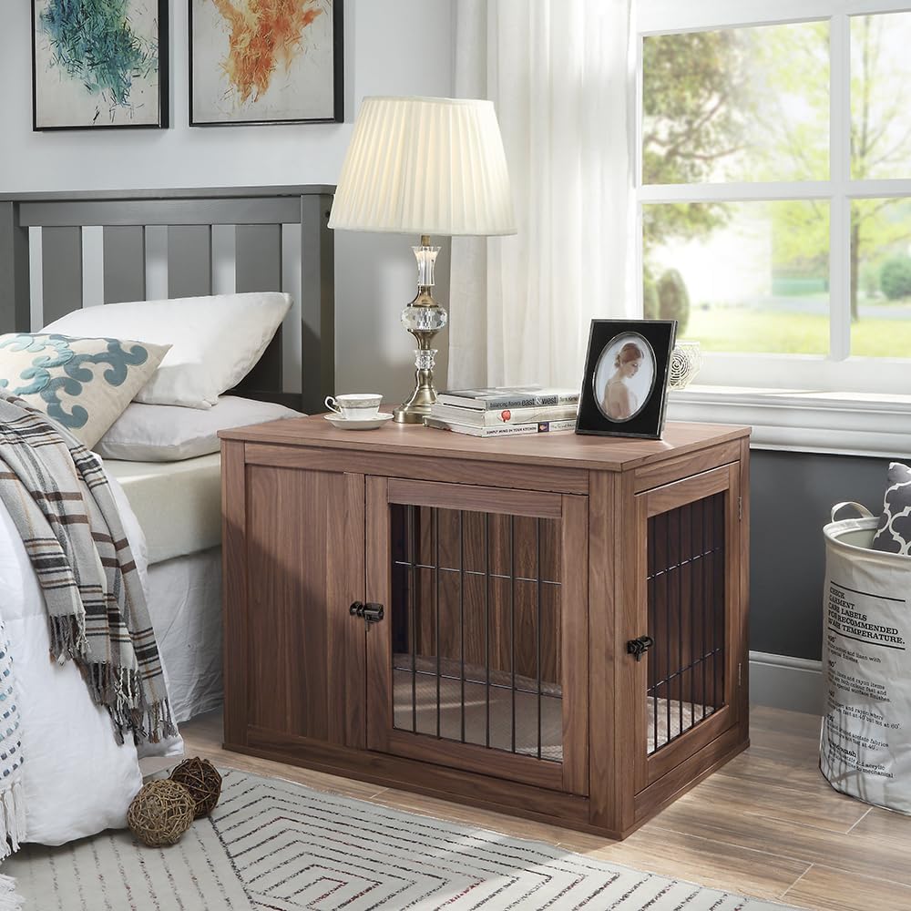 unipaws 36 Inch Furniture Style Dog Crate for Medium Dogs, Indoor Puppy Kennel with Door, Modern Decorative Wood Wire Pet Cage, Pretty Cute End Side Table Nightstand, Walnut