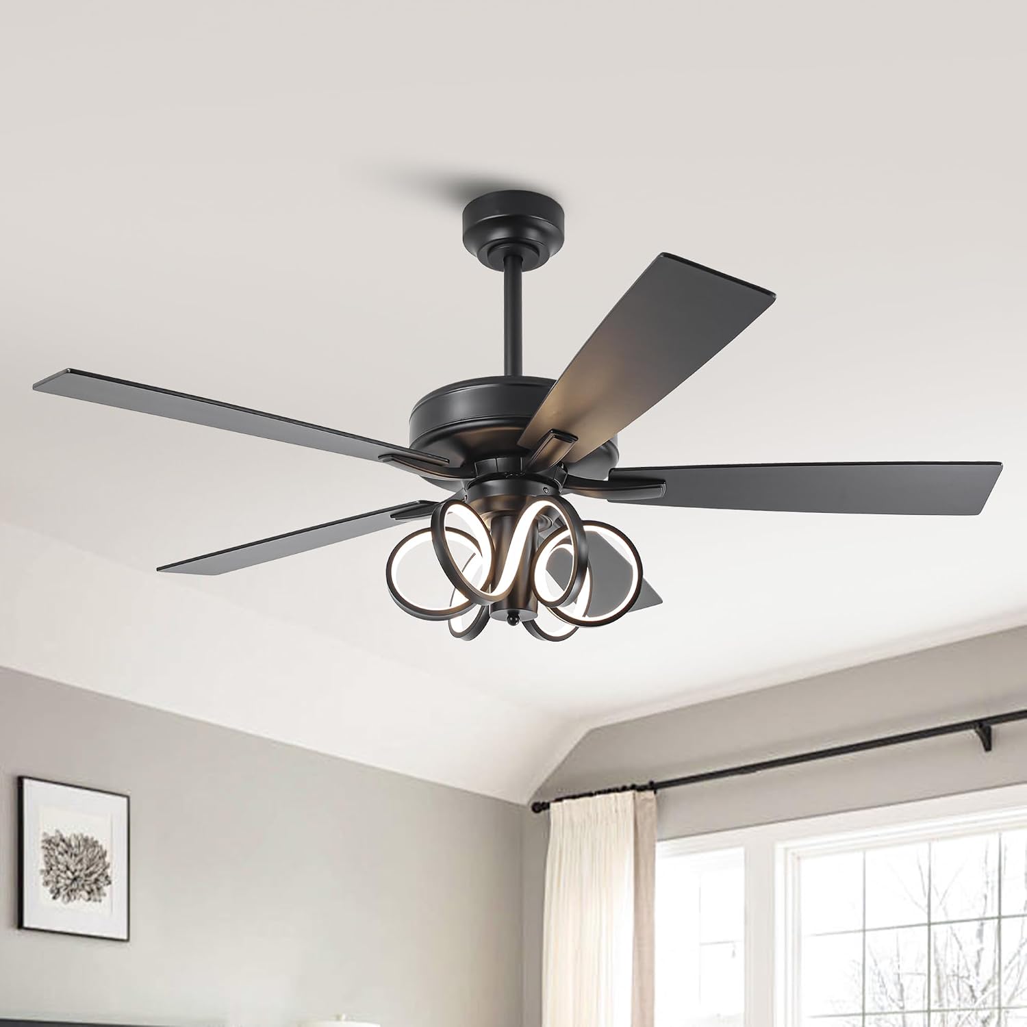 52 Inch Black Ceiling Fans with Lights and Remote - Creative Modern Ceiling Fan for Bedroom Living Room with 3CCT, 6 Speeds, Timer, Dual-Sided Reversible 5 Blades Indoor Outdoor Chandelier Fan