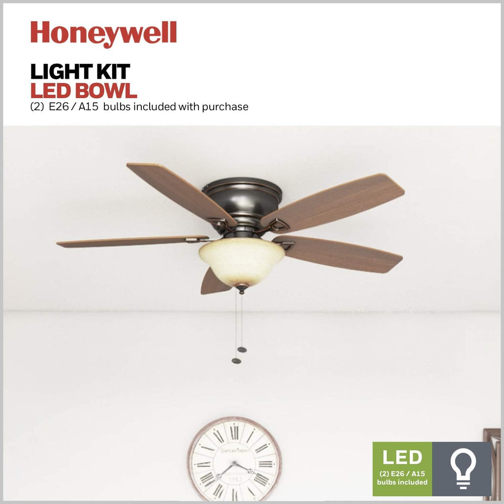 Honeywell Glen Alden 52 Inch Indoor LED Ceiling Fan with Bowl Light, Pull Chain Control, 5 Dual-Finish Blades, Quiet Reversible Motor, White