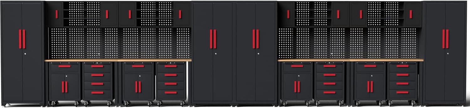 24Pcs Garage Cabinet Storage System, Heavy Duty Workshop Set Includes Workbench, Pegboard & Lockable Drawers Metal Tool Organization System for Garage Workshop