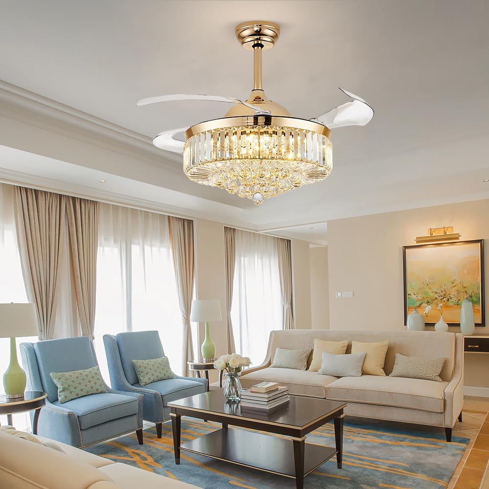 FIDGRA 42'' Fandelier Ceiling Fan with Light, Retractable Chandelier Fan, 3 Color Temperature, LED Dimmable, 6 Wind Speed, Crystal Ceiling Fan for Bedroom Living Room Dining Room-Gold